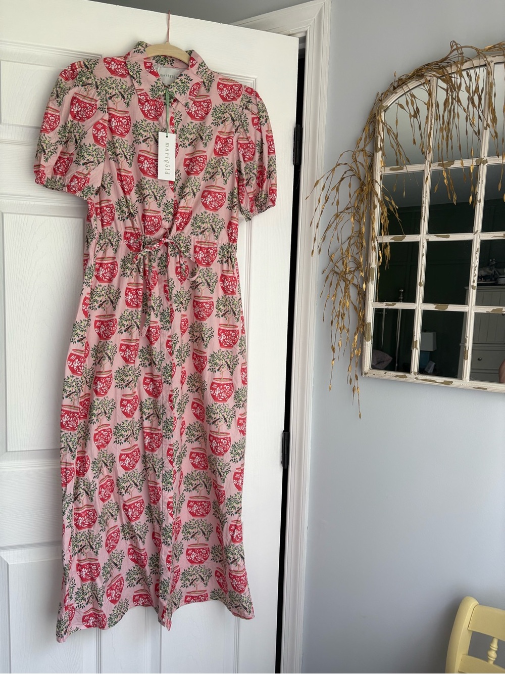 Marigold Peach Floral Button-Front Dress with Waist Tie